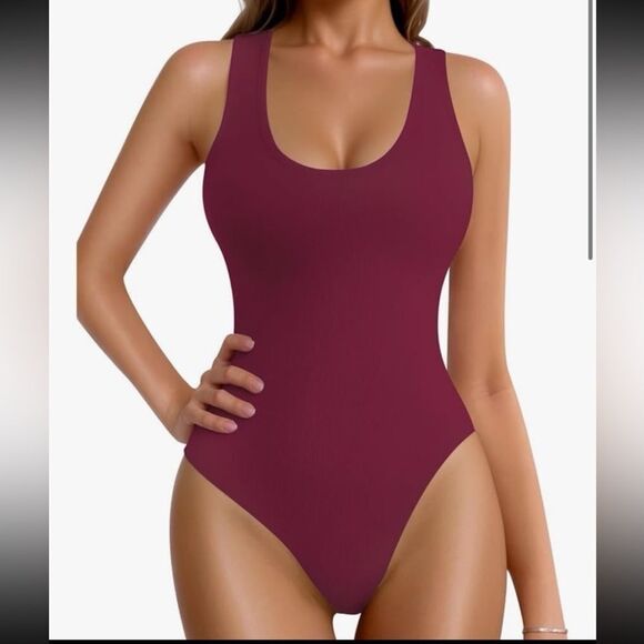 Mango burgundy Bodysuit with Scoop Neckline - Picture 1 of 7